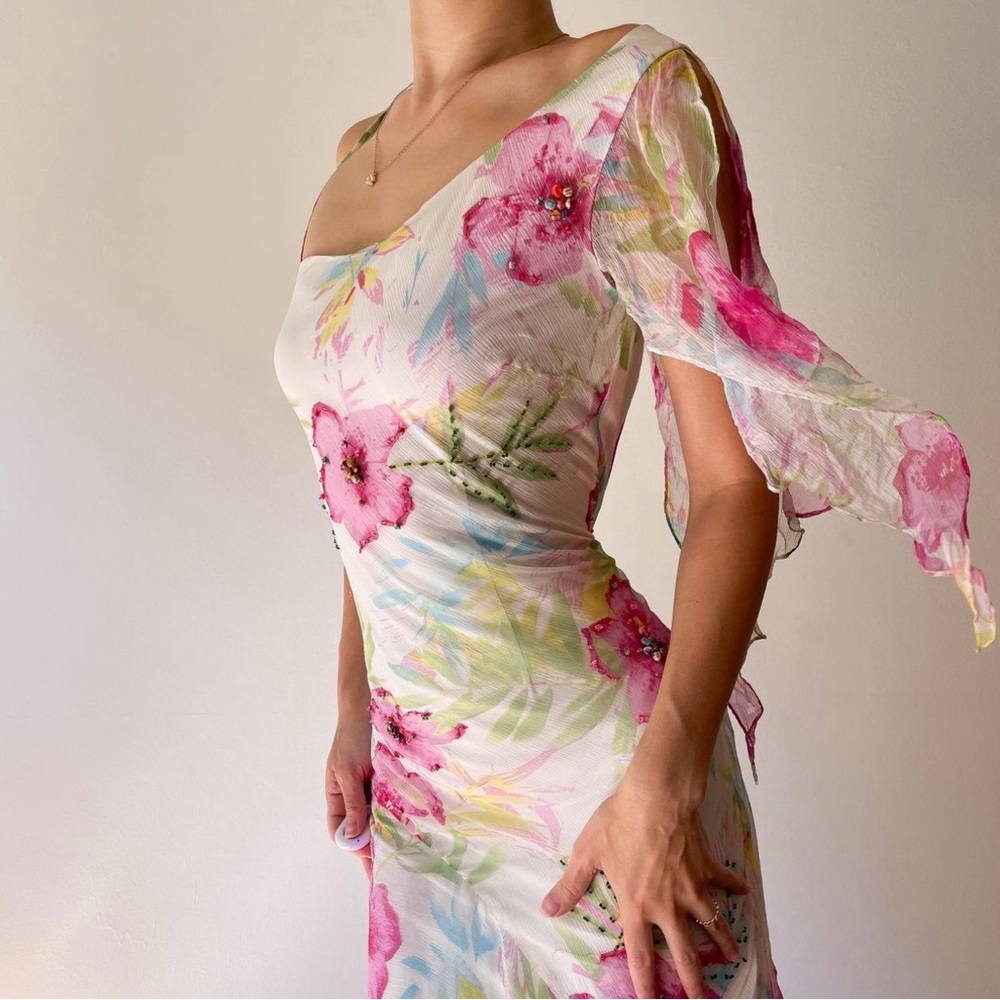VINTAGE SILK FLORAL BEADED PAPILLON DRESS - Picture 6 of 8